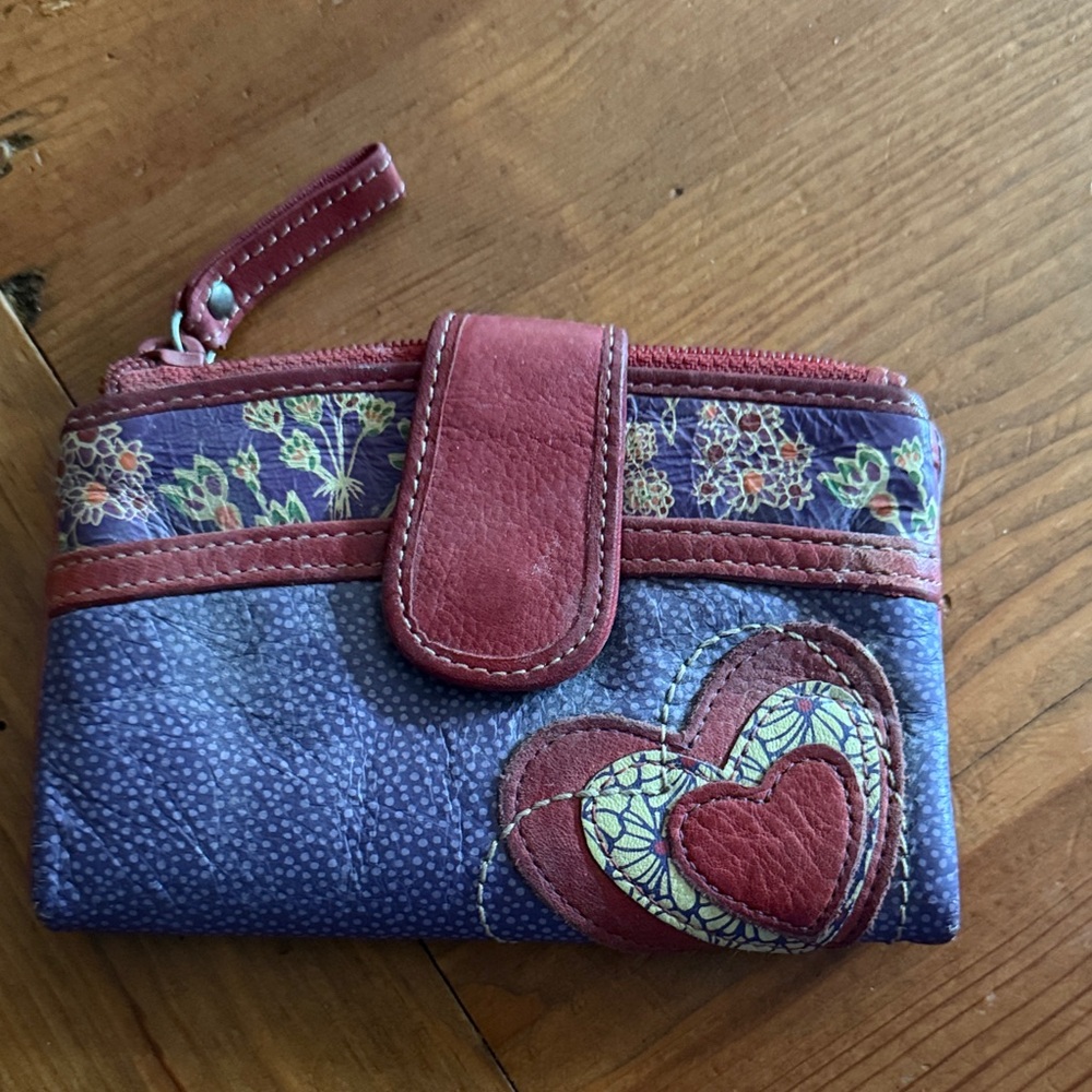 Fossil Blue and Red Floral Heart Wallet